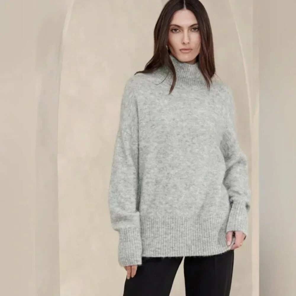 Banana Republic Womens Gray Cotton Blend Turtleneck Sweater Oversized Large L